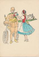 WWI Hungarian soldier, bicycle, folklore; Délvidéki Egyetemi és Főiskolai Hallgatók Egyesülete (EK)