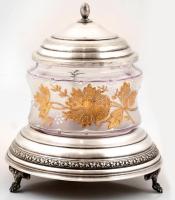 Fém fedeles és talpas bonbonier, festett üveggel, hibátlan, jelzés nélkül, m:18 cm, d: 16 cm