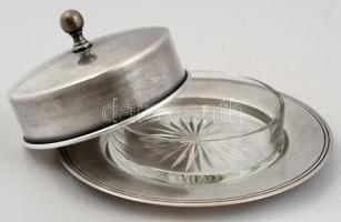 Argentor alpakka vajtartó, üveg betéttel, jelzett, d:14 cm