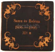 1906 Robitsek Samu aradi polgár és felesége, Heléna aranylakodalmának emlékkönyve, német és magyar nyelvű beragasztott gépelt és kéziratos táviratokkal, levelekkel, újságkivágásokkal, névjegyekkel, többek között Stauber József (1871-?), az Aradi Közlöny tulajdonos-szerkesztőjétől, kopottas, szakadozott, díszes bőrkötésben.