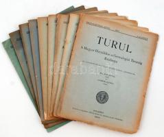 1931-1940 a Turul folyóirat 9 példánya (összesen 20 lapszáma): 1931/1-4., 1933-1935/1-4., 1936/1-2., 1940/1-2., megviselt, szakadozott papírkötésben.