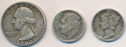 Amerikai Egyesült Államok 1943D 1D Ag "Mercury" + 1950. 1D Ag "Roosevelt" + 1962...