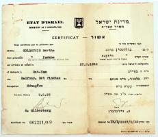 1950 Tel Aviv, francia és héber nyelvű igazolás korábbi bevándorlásról, a letelepedésre vonatkozó adatokkal /  1950 Tel Aviv, certification of previous immigration in French and Hebrew, with details about the settlement