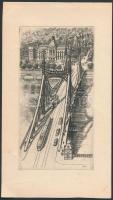 Vertel József (1922-1993): Budapest, Erzsébet híd villamossal rézkarc. Dúcon jelzett 12x7 cm