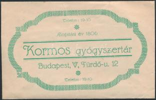 Budapest V. Kormos gyógyszertár recept boríték, benne receptekkel