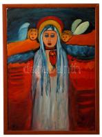 Oláh Jolán (1932-2005): Angyali üdvözlet. Olaj, farost, jelzett, 73×53 cm