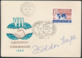 Zsoldos Imre (1919-1985) trombitaművész, karmester aláírása elsőnapi bélyegzéssel ellátott szakszerv...