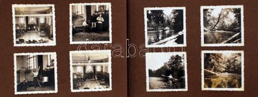 cca 1932-1934 Négy iskolai barátnő közös albuma egy zárdaszerű leánynevelő intézet belső életéről, a képek egy része feliratozva, 111 db 6x6 és 6x9 cm-es fotóval, az album mérete 17x23 cm