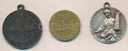 Nagy-Britannia 1797. "III. György" aranyozott Br zseton (26mm) + 1880. "Szent Benedek" Br medál (32mm) + ~1930-1940. "Szt. Borbála" fém medál (30mm) T:2-3 Great Britain 1797. "George III" gilt Br tokne (26mm) 1880. "St. Benedickt" Br medal (32mm) + ~1930-1940. "St. Barbara' metal medal (30mm) C:XF-F