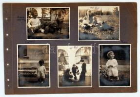 1921 Túraautó, egy autós kirándulás három fotója albumlapra felragasztva Tihany felirattal, a lap másik oldalán további öt családi emlékkép de más témákról, 8x10 cm, albumkarton 22x32
