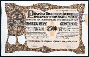 Vác 1923. "Püspöki Uradalmi Bérpince Részvénytársaság Vácz" részvénye 2500K-ról, szárazpecsétekkel, szelvényekkel, felülbélyegezve T:II fo. Hungary / Vác 1923. "Share Company of Bishop's Cellar" share about 2500 Corona with coupons and embossed stamps, overprinted C:XF spotted
