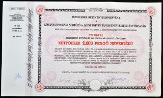 Budapest 1946. "Kőbányai Polgári Serfőző és Szent István Tápszerművek Részvénytársaság" 2000P-ről szóló ideiglenes részvényelismervénye szárazpecséttel T:II-