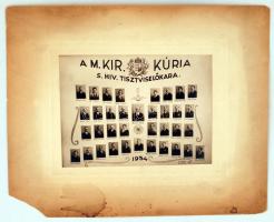 1934 A m. kir. Kúria s. hiv. tisztviselőkara, kistabló 36 nevesített portréval Blahos budapesti fényképész műterméből, 15x21 cm, karton (hiányos, foltos) 30x37 cm