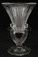 Csehszlovák art-deco formába öntött üveg váza, apró csorbával, jelzett, m: 26 cm / Czechoslovakian art-deco glass vase with small fault, 26 cm