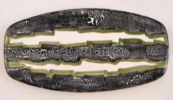 Zománcozott kerámia iparművész tál, mázhibával, jelzett, 35x18 cm