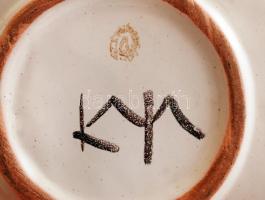 Zománcozott kerámia iparművész tál, mázhibával, jelzett, 35x18 cm