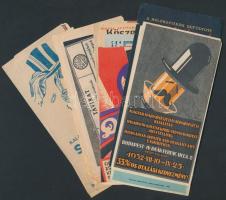 129 db különféle régi vegyes reklámcédula: Magyar Iparművészeti és Népművészeti Kiállítás, Hungéária gyógyforrás, balesetbiztosítás, kristályvíz, Kozma Kalap, 8. Szegedi Ipari Vásár, Meinl Kávé, stb., példányonként változó, nagyrészt jó állapotban