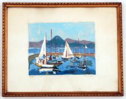 Gera Éva(1923-): Balatoni vitorlás. Színezett linó, papír, üvegezett keretben, 20x25 cm