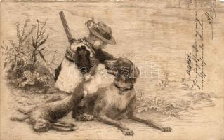 7 db századfordulós rézkarc vadász képeslap / 7 etching-style postcards of hunting from 1900
