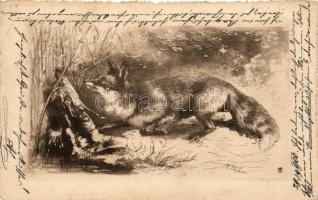 7 db századfordulós rézkarc vadász képeslap / 7 etching-style postcards of hunting from 1900