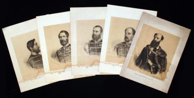 1873 Az 1848-49-es szabadságharc vértenúi. 5 db tónusos lithográfia Grund V. jelzéssel. Halász István kiadása. Vízfoltosak. 24x21 cm