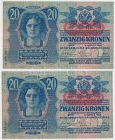 1913. 20K II. kiadás (2x) sorszámkövetők, mindkettő "DEUTSCHÖSTERREICH" felülbélyegzéssel ...