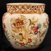 Zsolnay virág mintás áttört kaspó, kézzel festett, jelzett, hibátlan, m:17 cm, d:15 cm