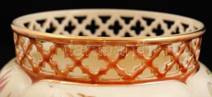 Zsolnay virág mintás áttört kaspó, kézzel festett, jelzett, hibátlan, m:17 cm, d:15 cm