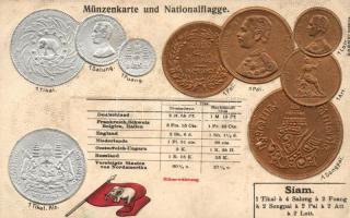 Siam, Thailand, set of coins, flag, Emb. litho (wet damage)