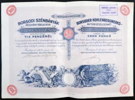 Budapest 1926. &quot;Borsodi Szénbányák Részvénytársaság&quot; 10 részvénye egyenként 10P-ről szelvényekkel, felülbélyegzéssel T:II,II-