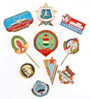 10db-os vegyes magyar és külföldi jelvény és kitűző tétel, főleg a szocialista időszakból, közte DN "A Magyar Népköztársaság Úttörője" zománcozott fém jelvény, "20 évi munkáért" zománcozott fém jelvény T:vegyes