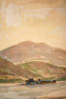 Udvary Pál (1900-1987): Nagymaros. Akvarell, papír, jelzett, üvegezett keretben, 35×46 cm