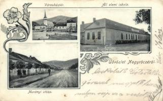 Nagyrőce, Revuca; Murányi utca, Városház tér, elemi iskola / street, town hall, school; floral postcard (r)