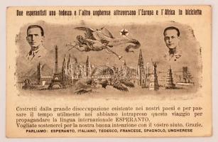 cca 1930 Magyar biciklis eszperantisták világkerülő útjára kiadott emléklap képeslap méretben / World traveller esperantists on bike. Commemoretive card