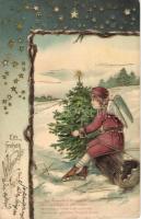 Christmas, ice skating angel, christmas tree, golden decoration Emb. litho (EK)