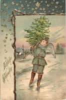 Christmas, ice skating angel, golden decoration Emb. litho (pinhole)