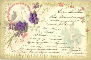 Floral greeting card, doves, Emb. litho silk card