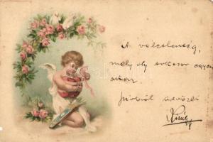 Angel, greeting card, floral litho (b)