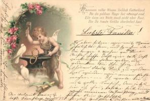 Blacksmith angel, wedding greeting card, dove, floral litho (EK)