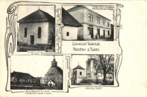 Nagyturány, Turan; Izraelita templom, zsinagóga, Katolikus templom, Ágostoni evangélikus templom és iskola, Pollák Ármin vendéglője / synagogue, churches, school, restaurant, floral, Art Nouveau (EK)