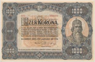 1920. 1000K "Orell Füssli Zürich", "MINTA" perforációval, piros "000" számozással T:I- hajtatlan, apró sarokkopás és sarokhajlás Hungary 1920. 1000 Korona "Orell Füssli Zürich", "MINTA" perforated, red "000" serial number C:AU unfolded, small edge error and edge bend Adamo K36M1a