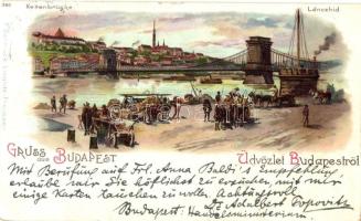 1899 Budapest, Lánchíd, rakpart, piac, F. Schmuck litho (vágott / cut)