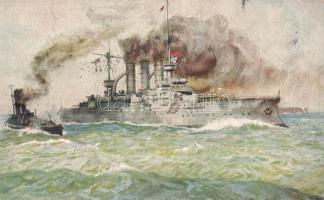 Deutsches Linienschiff auf Patrouillenfahrt bei Helgoland / German navy, liner s: A. Hubert