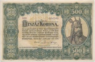 1920. 500K "Orell Füssli Zürich" "MINTA" perforációval és barna "000 - 000000" sorozat- és sorszámmal T:I- hajtatlan, sarokhajlások  Hungary 1920. 500 Korona with "MINTA" (SPECIMEN) perforation and with brown "000 - 000000" serial number C:AU unfolded, corner bends Adamo K33M1a+
