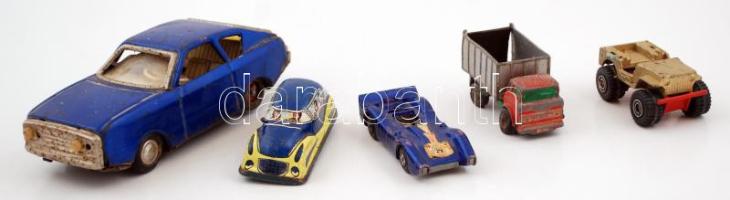 Retró kisautók, köztük 2 db Matchbox és 1 db Lemezárugyáras, összesen 5 db, változó állapotban, különböző méretben