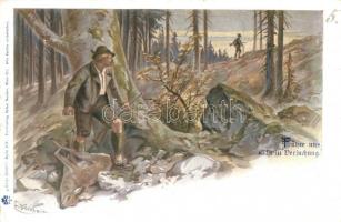 6 db RÉGI motívumlap E. Döcker szignóval, vegyes minőség; osztrák folklór  / 6 old motive cards with E. Döcker signature, mixed quality; Austrian folklore