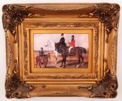 Lovas családi kép, nyomat, sérült keretben, 10×14 cm