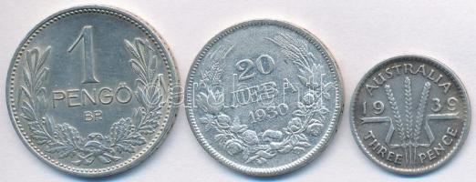 Vegyes: Ausztrália 1939. 3P Ag + Bulgária 1930BP 20L Ag "III. Borisz" + Magyarország 1939. 1P Ag T:2,2- Mixed: Australia 1939. 3 Pence Ag + Bulgaria 1930BP 20 Leva Ag "Boris III" + Hungary 1939. 1 Pengő Ag C:XF,VF