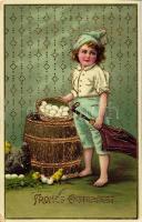 Easter, boy with eggs, golden Emb. (EK)