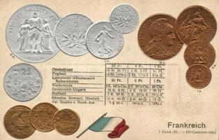 France, Frankreich; set of coins, flag, Emb. litho
